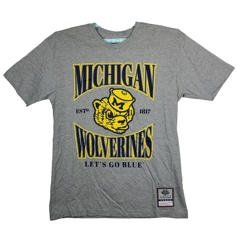 Michigan Wolverines Mitchell & Ness NCAA Large Shirt Mascot Art Gray NWT